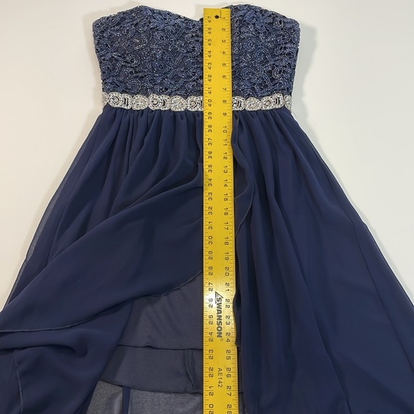 CITY STUDIO Strapless Sz 9 Navy Sparkly Rhinestone Belted High Low Formal Dress - Picture 11 of 13